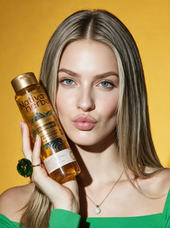 Nativa Herbal shampoo ad with a model holding the bottle